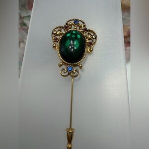 Vintage Gold-Tone Green Cabochon Stick Pin with Colored Accents